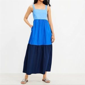 Ann Taylor Loft, color block blue, tiered midi dress, SZ XSP